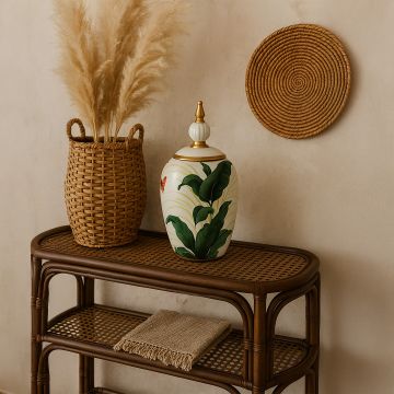 White ceramic jar with tropical leaf design and golden lid styled on table adding freshness to home interior decor.