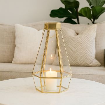 european style faceted gold metal glass tealight lantern large main lifestyle