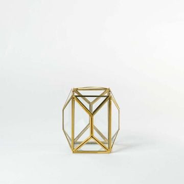Glass Terrarium Gold Metal   Glass Geometric Candle Lantern Small Light Off White Background