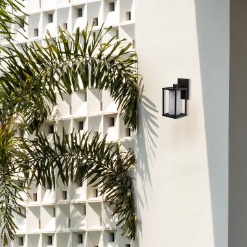 Modern outdoor wall light with black metal frame and frosted glass shade mounted on white exterior wall with plants.