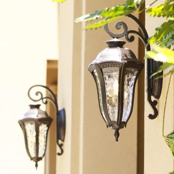 Lantern wall light adding charm to a modern exterior wall with decorative plants nearby.