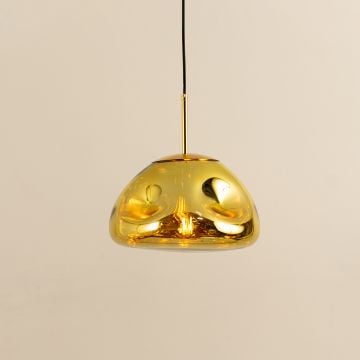 Modern Minimalist Glass Hanging Lamp Metallic Yellow Light On White Background