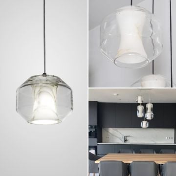 A collage showing the pendant light from multiple angles revealing its clear glass outer shell and marble patterned inner diffuser for a sophisticated modern style.