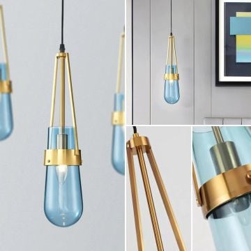 Collage showing the blue glass pendant light in lifestyle views closeup angles and design details combining decor placement and craftsmanship in one display.