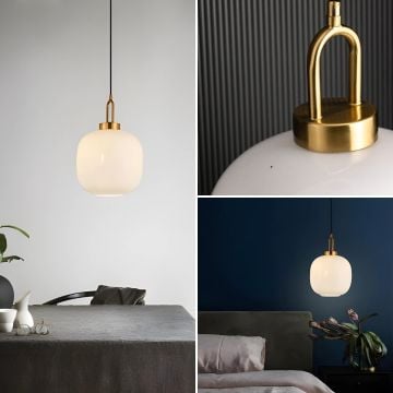 White Round Glass Shade Gold Metal Pendant Light Collage