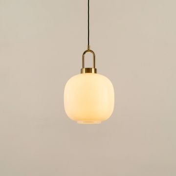 White Round Glass Shade Gold Metal Pendant Light Light On White Background