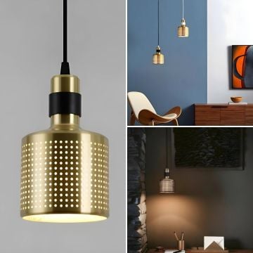 A collage featuring lifestyle scenes closeups and measured views of the gold perforated pendant light offering a complete product overview.