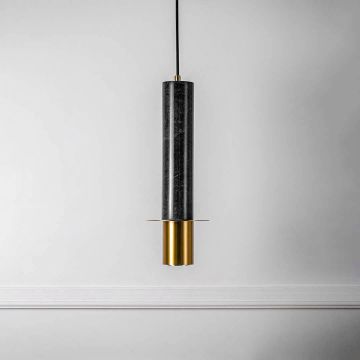 Cylindrical Marble Pendant Lamp - Green Light Off White Background