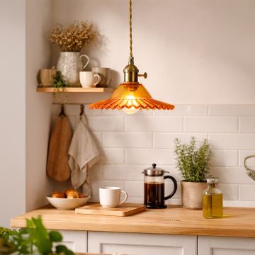 ribbed floral glass pendant light orange main lifestyle