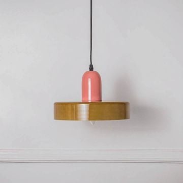 Italian Retro Pendant Light - Green & Pink Light Off White Background