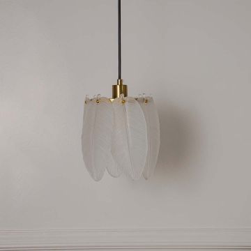 Feather design frosted white glass and gold pendant ceiling light displayed elegantly on plain off white background for decor.