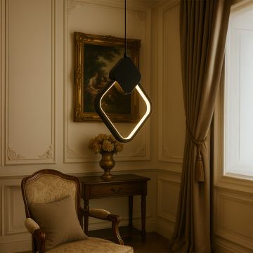 White marble and gold pendant light styled above beige sofa with wooden table in modern living room interior for luxury decor.