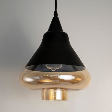 Kubica Modern Black Amber Hanging Lamp Light Off White Background