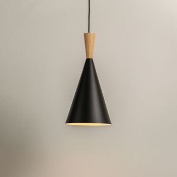 Wood Tip Pendant Lamp Cone   Black Light On White Background