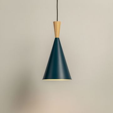 Wood Tip Pendant Lamp Cone   Blue Light On White Background