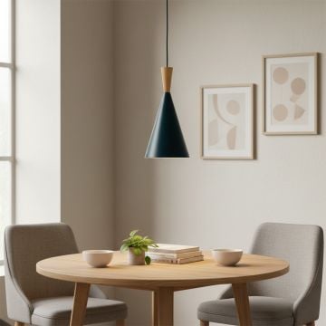 wood tip pendant lamp cone blue main lifestyle