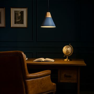 Blue pendant light with wooden top styled in study room above desk for modern home and office lighting decor.