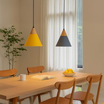 Yellow pendant light with wooden top and conical shade styled above dining table for modern home lighting decor.