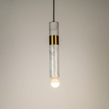 Trapezoid Marble Hanging Light White   GoldLight On White Background