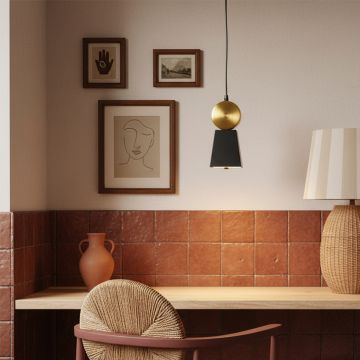 Pendant light with black shade and gold metal detail hanging above dining area adding focused warm lighting and stylish modern appeal.
