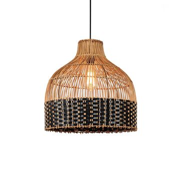 Long Bell Rattan Pendant Light Light On White Background