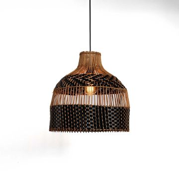Herringbone Rattan Pendant Light Black   Beige Light On White Background