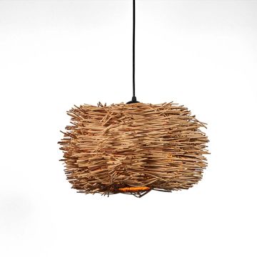 Bird Nest Rattan Pendant Light Light On White Background