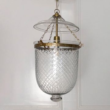 Brass Diamond Cut Glass Handi Pendant Light Light Off White Background