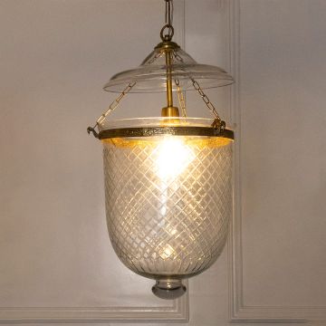 Brass Diamond Cut Glass Handi Pendant Light Light On White Background
