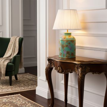 Grape Vine Blue Metal Table Lamp - White Pleated Lamp shade