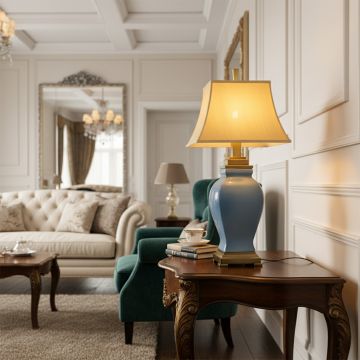 leda blue ceramic table lamp with brown shade main lifestyle