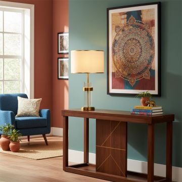 Decorative table lamp with fabric shade placed on wooden console enhancing warm accent lighting and elegant style in contemporary living room.