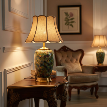 artisan crafted american style ceramic table lamp with beige shade main lifestyle