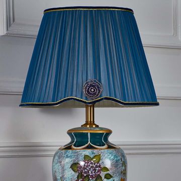 Zest Floral Pattern Multicolor Ceramic Table Lamp with Blue Shade Closeup