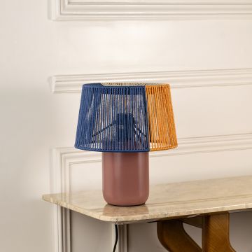 Table lamp with woven blue and orange shade shown switched off on a clean white background highlighting its artistic modern form suited for interior decor settings.