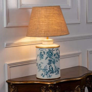 Indigo Chintz Metal Table Lamp with Beige Linen Lamp shade Light On White Background