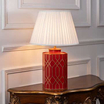 Kolam Vinyasa Metal Table Lamp with White Pleated Lamp shade Light On White Background