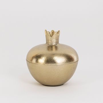 Smooth gold pomegranate-shaped jar with crown top shown on clean white background for clear product presentation