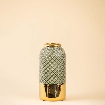 Archaic Grey Green Gold Ceramic Vase Large White Background