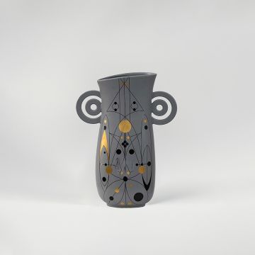 Artistic grey ceramic vase featuring bold abstract patterns and loop handles shown on a plain white background for elegant styling.