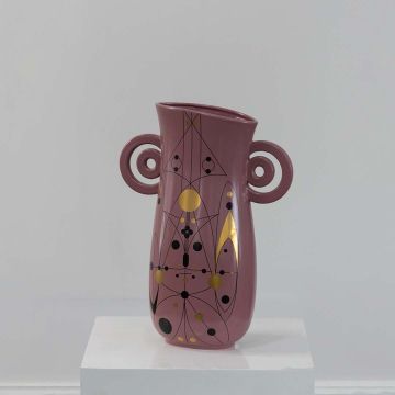 Mauve ceramic vase with abstract patterns and loop handles displayed on a clean white background ideal for stylish modern decor.