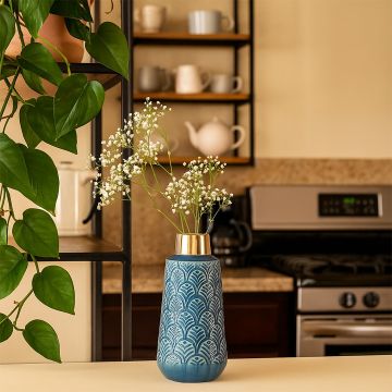 decanter blue gold ceramic vase main lifestyle