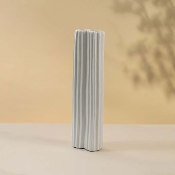 White ceramic vase with pleated textured top and smooth glossy base displayed on white background perfect for minimalist and elegant home styling.