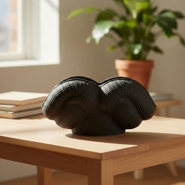 Black ceramic sculpted decorative vase displayed on wooden console creating bold and contemporary interior decor accent.