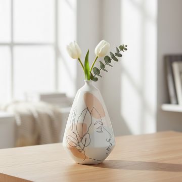 white porcelain vase with abstract linear art medium main lifestyle