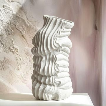 White ceramic abstract textured floor vase with sculpted wave design perfect for dried flower display in living room corner and modern home decor.