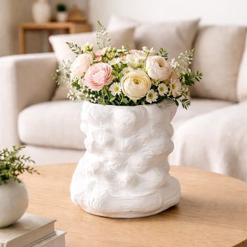 White ceramic textured decorative vase with sculpted organic form perfect for dried flower display on console table and modern home decor.