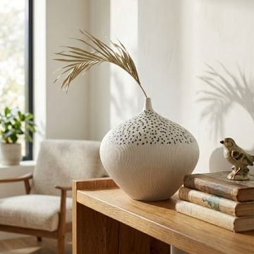 White ceramic decorative vase with dotted blue and black pattern perfect for dried flower display on console table and modern home decor.