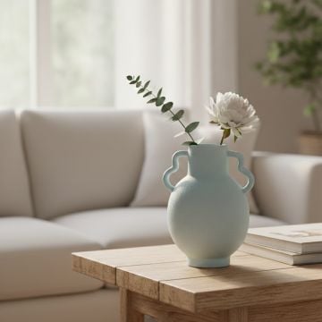 Light blue ceramic decorative vase with fresh flowers styled on coffee table enhancing soft and modern home decor setting.