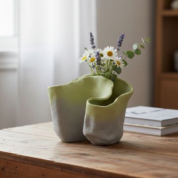 Green ceramic sculpted vase with flowers placed on wooden table adding modern artistic charm to living room decor.